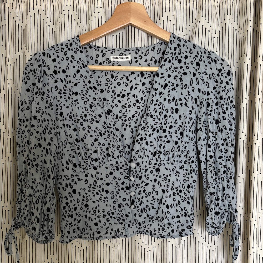 Reformation Light Gray and Black Leopard Print Top
